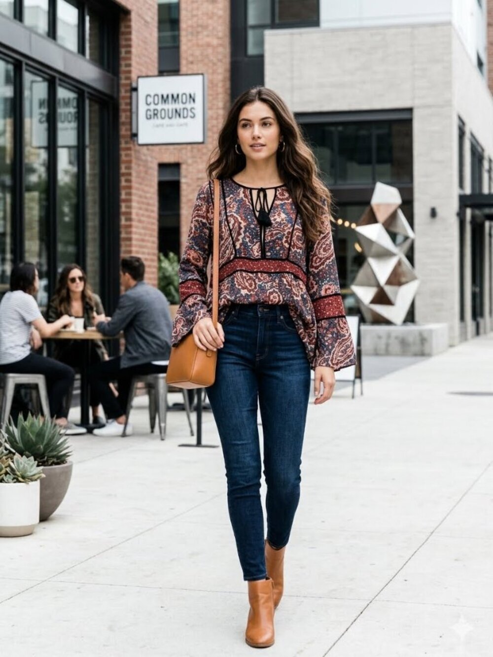 American Eagle Outfitters Green Rust Paisley Print VNeck Bell Sleeve Pleated Top